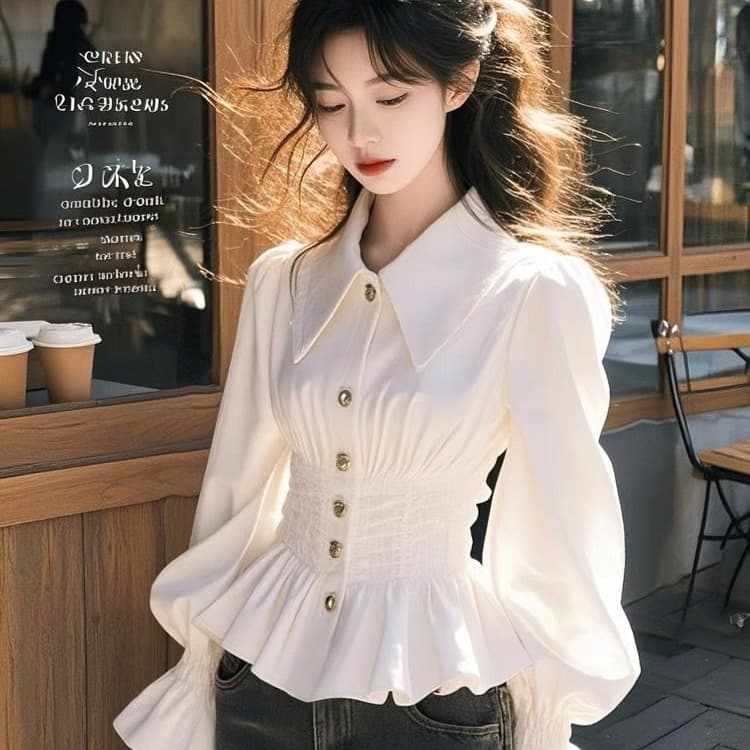 Cross-border White Blouse with Flared Sleeves, Short Crop Top with Waist Cinching, Slimming Notched Collar Shirt for Fall 2025