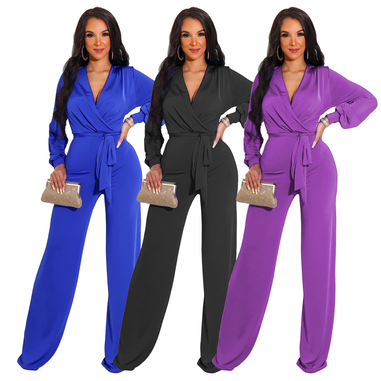 Smr10749 Amazon New Cross-Border European and American Sexy Fashion Solid Color Long-Sleeve V-Neck Women's Jumpsuit