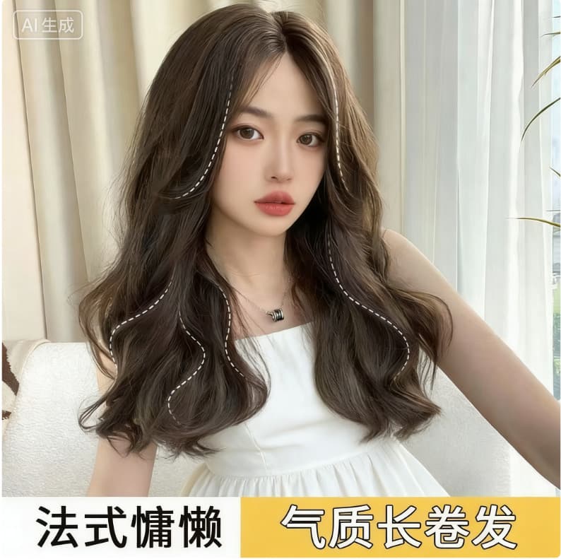 Long Hair Wig for Women Natural Full Wig with 8-Character Bangs Big Waves Natural Seamless Simulation Wig