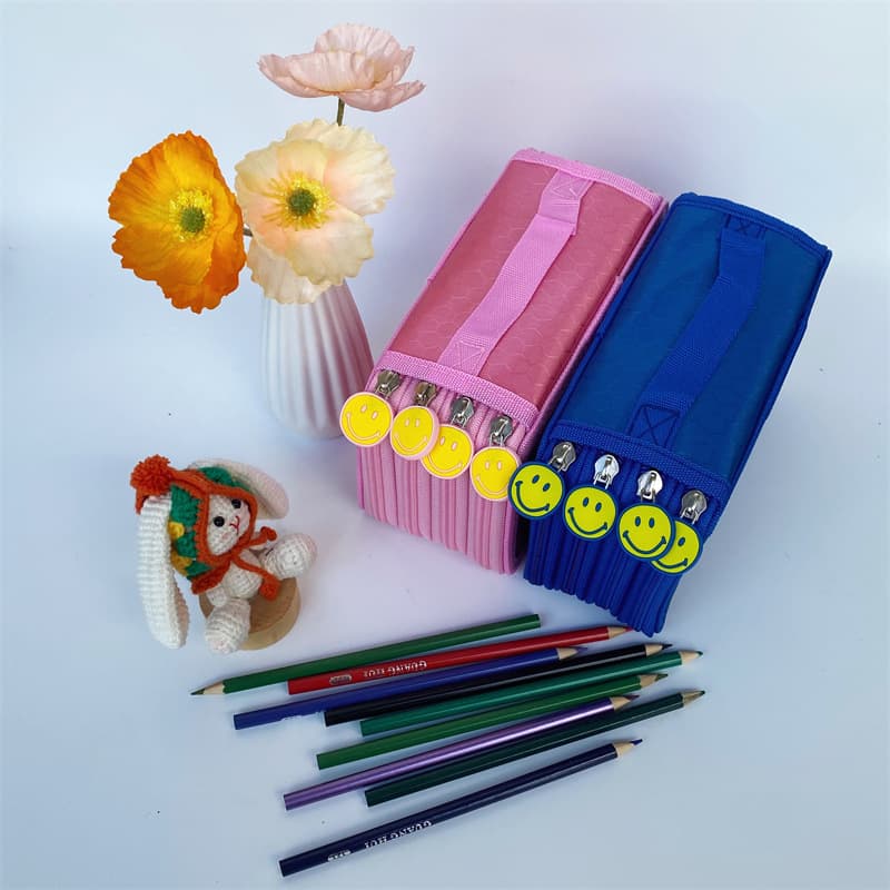 Large Capacity Smiley Face Zipper Pencil Case Student Stationery Sketch Drawing Color Pencil Storage Bag Multi-layer Oxford Material