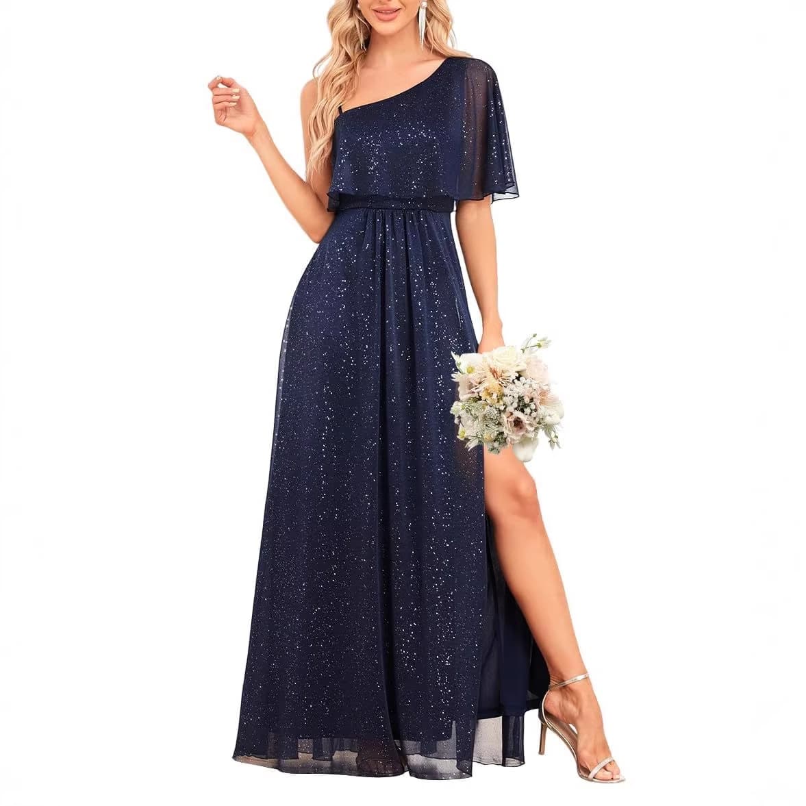 Women's Formal Evening Gown Long Sparkle One-Shoulder Elegant Shine A-Line Slit Wedding Guest Dress