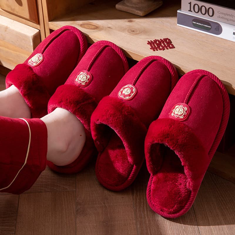 Wedding Slippers Pair Red Festive Autumn Winter Fleece Groom Bride Wedding Happy Event Women's Dowry Couple Slippers