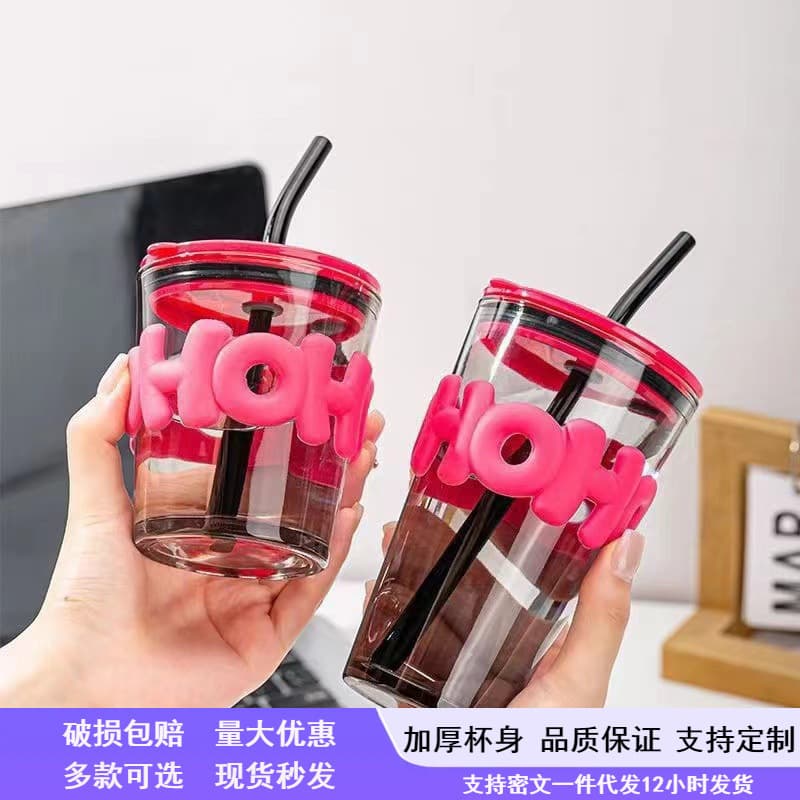 Summer Glass Cup Ins Bamboo Knot Cup Letter Cup for Women Dual Drinking Straw Water Cup with Cup Sleeve Gift Straw Cup