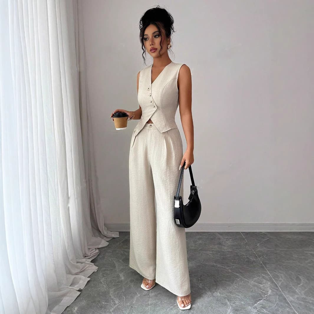 Amazon Two-Piece Set Women's Tie-Design Vest and Straight-Leg Casual Pants Set Wholesale