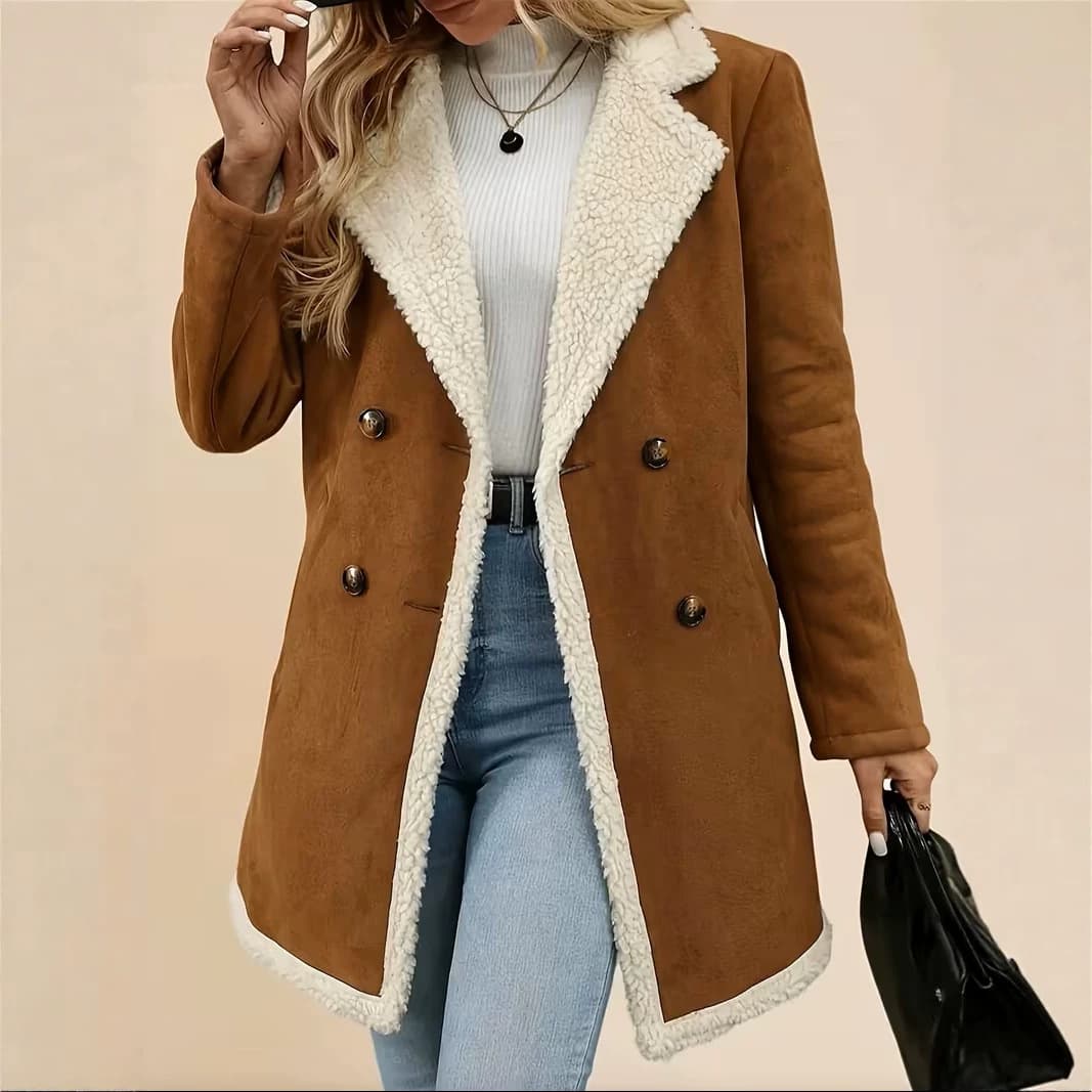 European and American New Fall/Winter Suede Lambswool Coat Women's Mid-Length Turn-Down Collar Warm Fashion Casual Coat