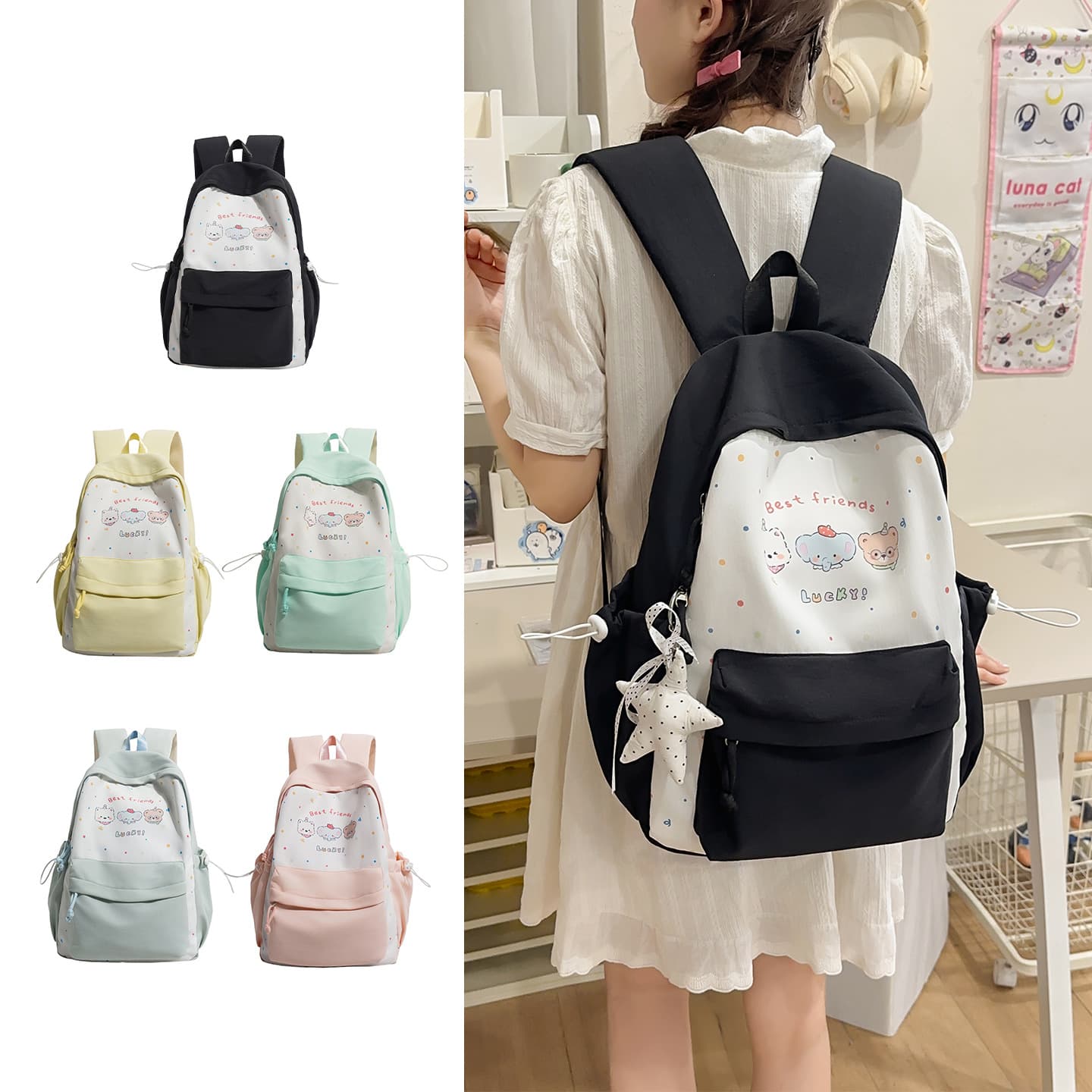 Cute cartoon backpack for primary school girls, school bags for junior high school students, large capacity, lightweight, contrasting color remedial backpack, new style