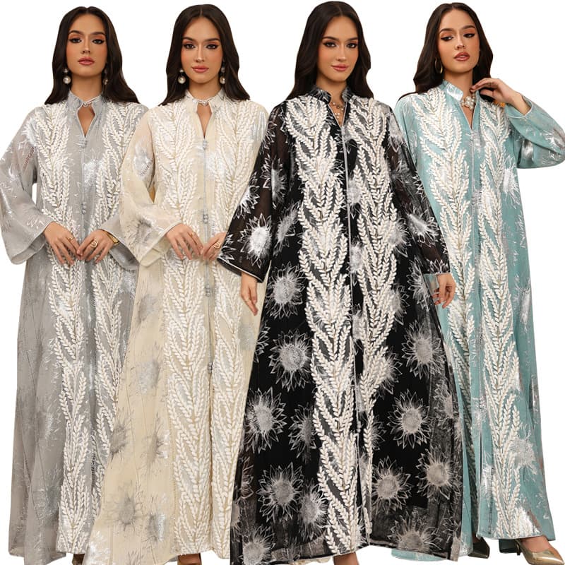 AB498 New Mesh Embroidery Silver Foil Long Robe Fashion Temperament Pullover Dress