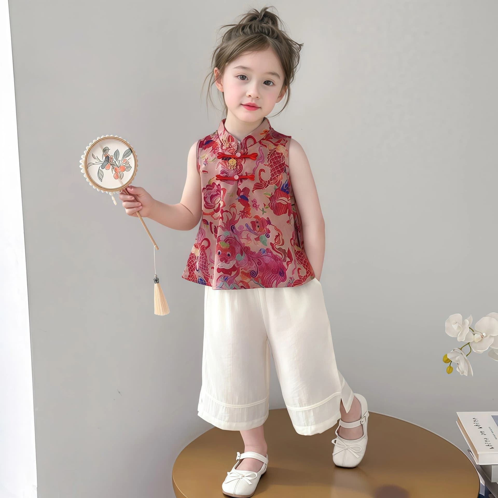 Girls' Sleeveless Chinese-style Camisole Dress Summer New Chinese-style Dress Little Girl Buttoned Cheongsam Straight-leg Princess Dress