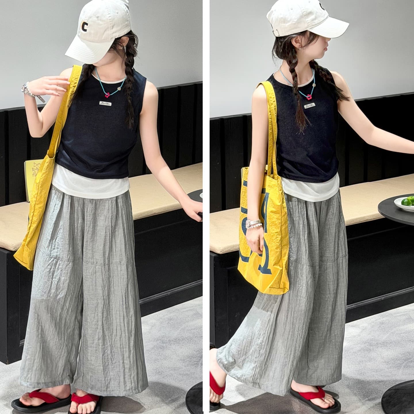 New Summer Girls' Sleeveless Vest and Wide-Leg Pants Set, Thin Kids' Clothing, Two-Piece Outfit for Girls