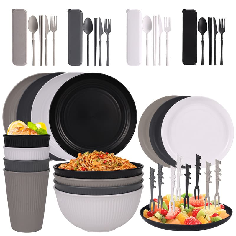 Cross-border Hot-selling Wheat Straw Plate Bowl Cup Dish Plastic Tableware Vertical Stripe Dinner Plate Soup Bowl Water Cup Outdoor Utensil Set