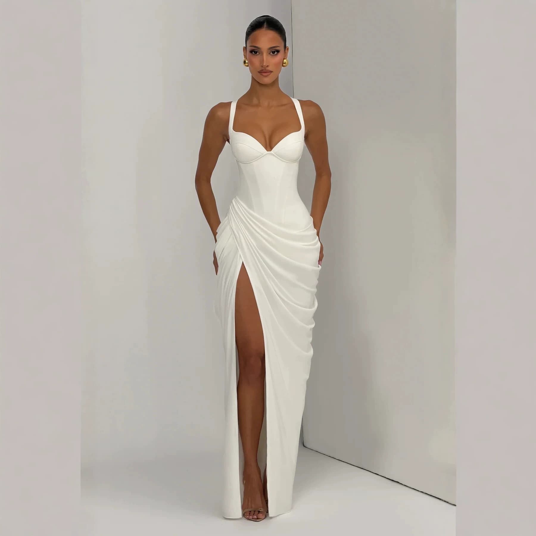 Temperament fishbone slit tube top pleated cross-border shaping suspender long skirt white dress dress skirt advanced waist
