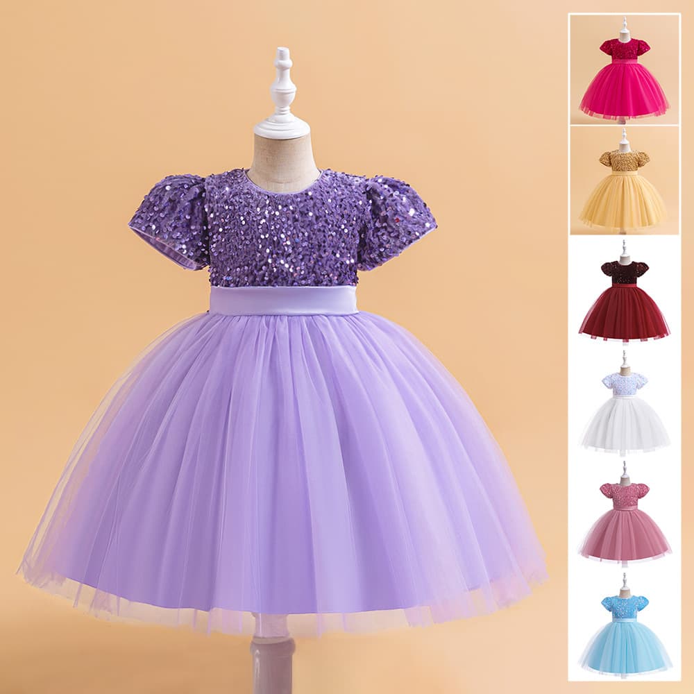 Princess Skirt Children's Dress Sparkling Tulle Bubble Sleeve Children's Performance Gown European Style Girls' Dress