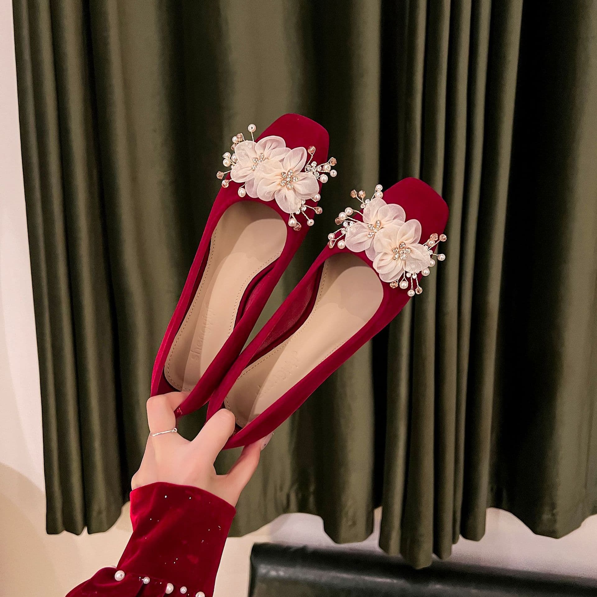 666-22 New Style Bride Wedding Shoes Velvet Red High Heel Square Toe Show He Wedding Shoes Two-Way Wear Comfortable Engagement Women's Shoes
