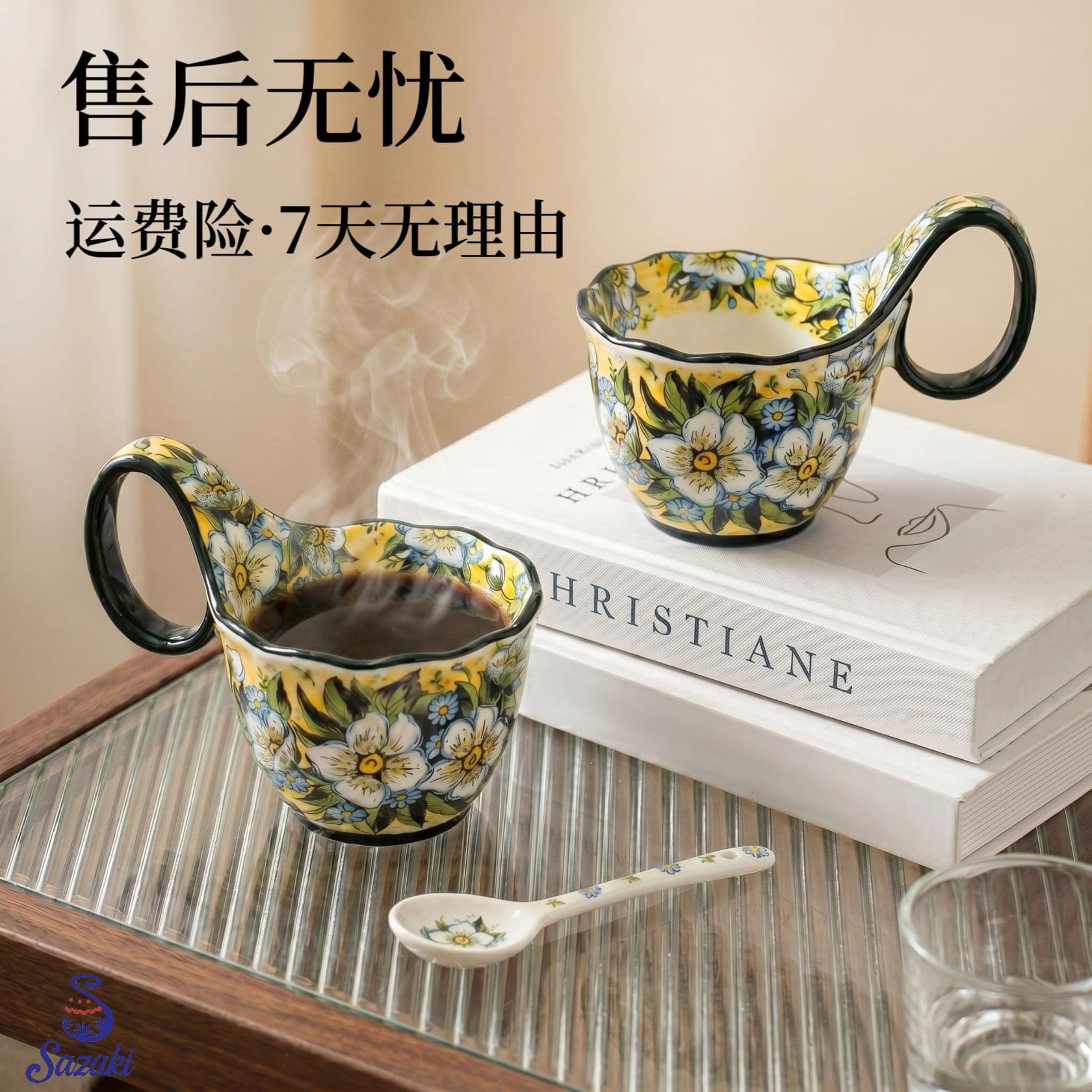 Ceramic tableware cup coffee cup and saucer set household breakfast cup milk cup 450ml high-looking underglaze color lily