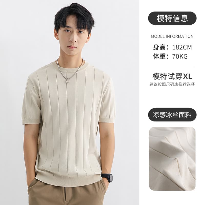 Ice Silk Knit T-Shirt Men's Short Sleeve Solid Color Summer Casual Trendy Top Tee Breathable