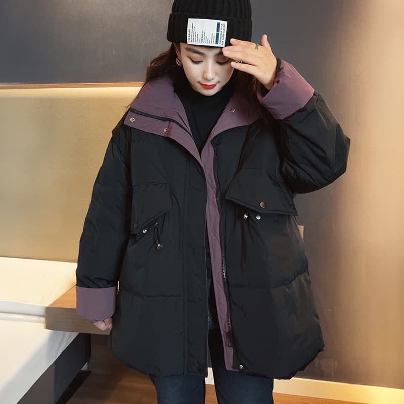 Plus-Size Color-Block Down Jacket Mid-Length for 200 Jin Curvy Girls Fashion Drawstring 2024 Autumn Winter New Loose Casual Coat
