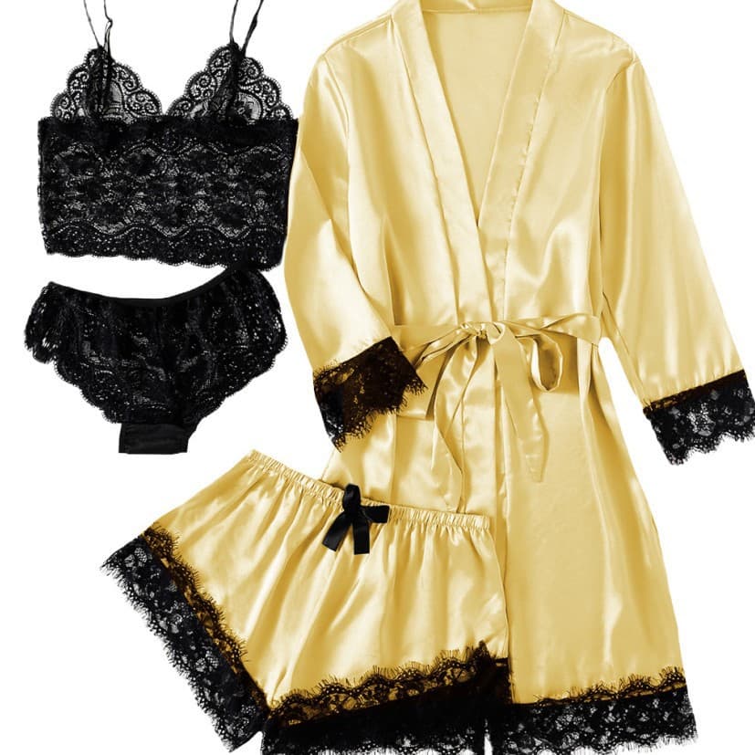 2021 New European and American Women's Pajamas 4-Piece Set Sexy Camisole Dress Set Homewear Lace Pajama Set