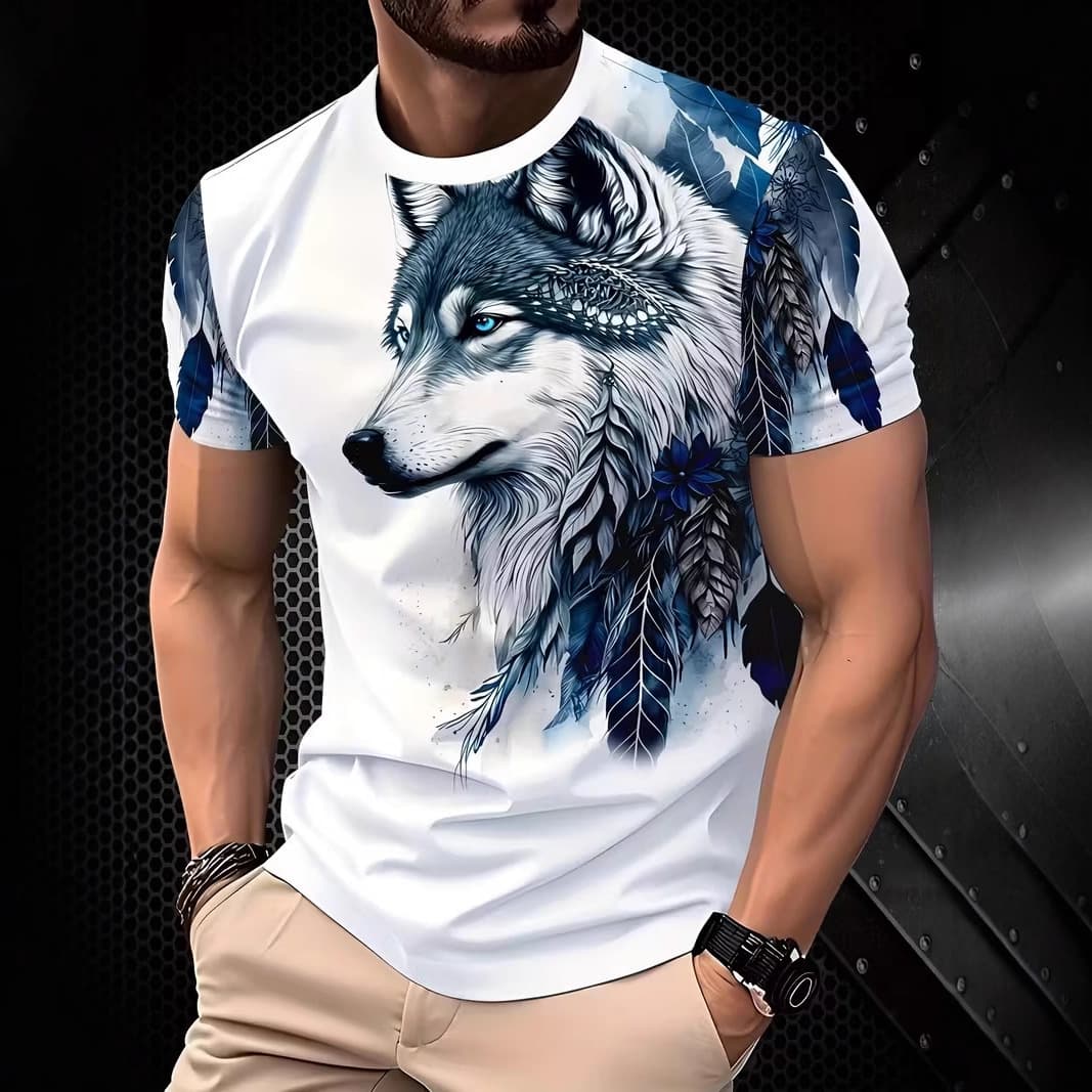 Cross-border Trade Europe and America Temu New 3D Digital Print Wolf Pattern Men's Casual Round Neck Short Sleeve T-Shirt