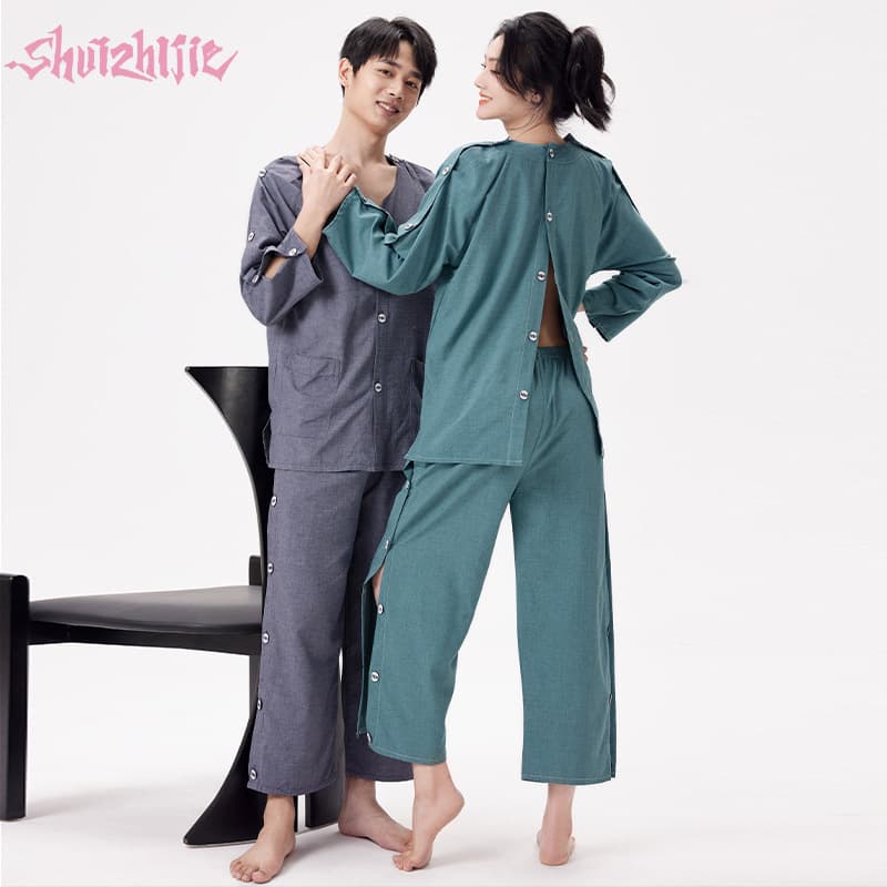 Manufacturer 2025 new cotton linen moxibustion robe front and back button sauna suit back-open foot massage couple style guest use