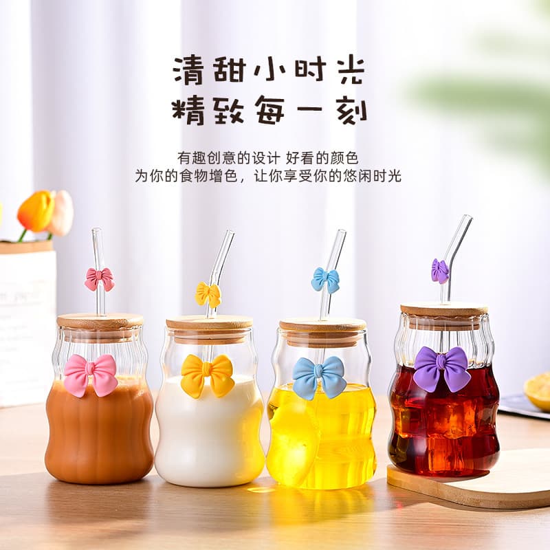 Cloud Cup with Multicolor Bowknot, Cute Single-Layer High Borosilicate Glass Straw Cup, Milk Tea Coffee Glass Cup