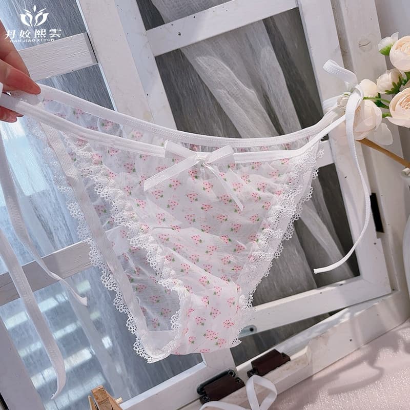 Japanese-style Women's Panties, Cute Strawberry Low-Rise Plus Size Sexy Sheer Quick-Dry Mesh Lace Triangle Underwear for Teens
