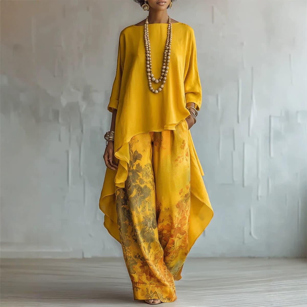 2026 new cross-border European and American printing irregular loose pants round neck top short front and long back two-piece set