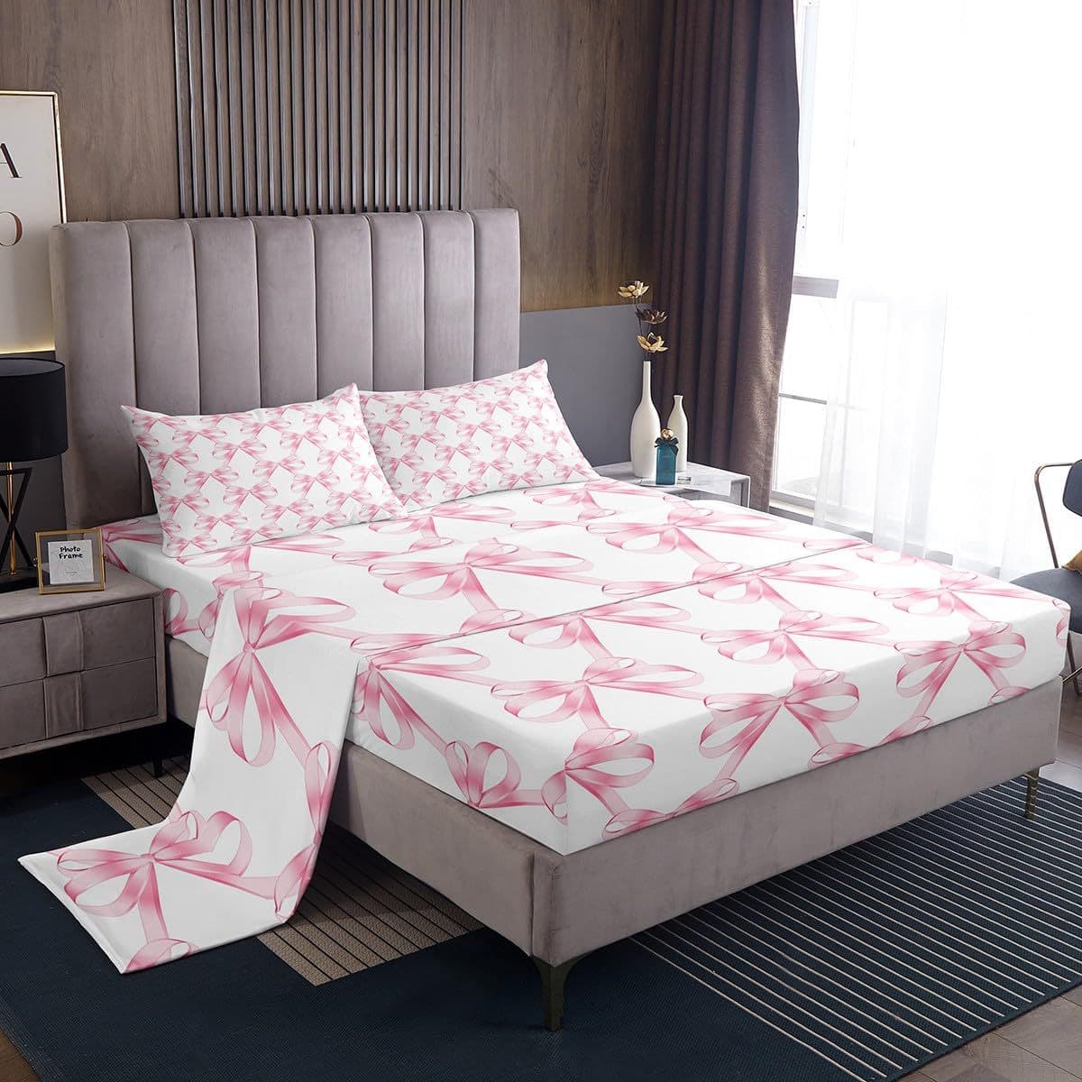 Pink Bow Pattern Cross-Border Bed Sheet Set 4-Piece Bedding Set Bedroom Dorm Bedding Decoration