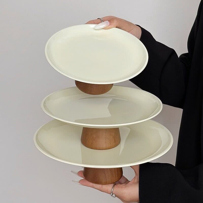 Tall Leg Home Snack Display Stainless Steel Fruit Plate Tray Candy Dessert Cream Style Solid Wood Skewer Rod Two-Tier Three-Tier