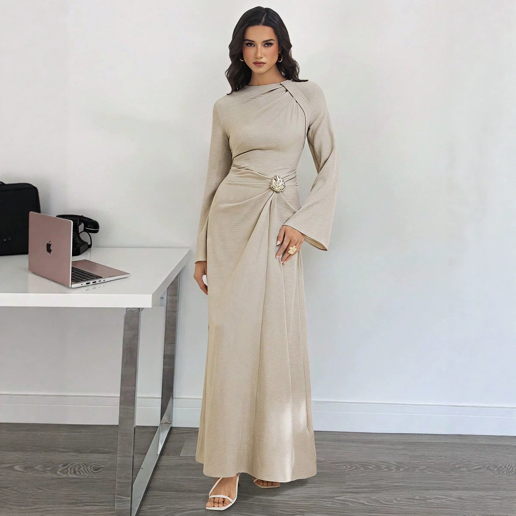 Tall Solid Twist Front Metal Button Accent Flared Long Sleeve Dress Winter Formal Casual Maxi Dress for Women