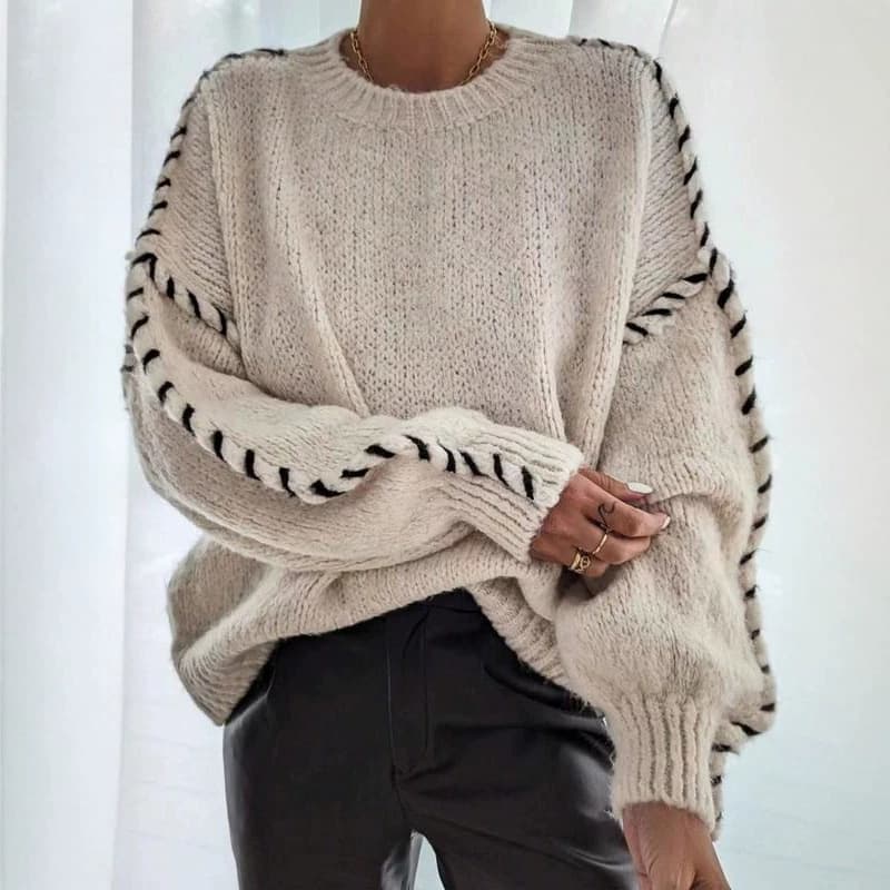 European and American loose casual solid color round neck pullover sweater with rope design, loose slimming large size long-sleeved sweater for women