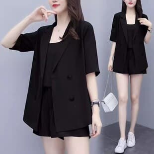 Plus Size Women Summer New Slimming Camisole Suit Set Blazer Shorts Three-piece Set Wholesale