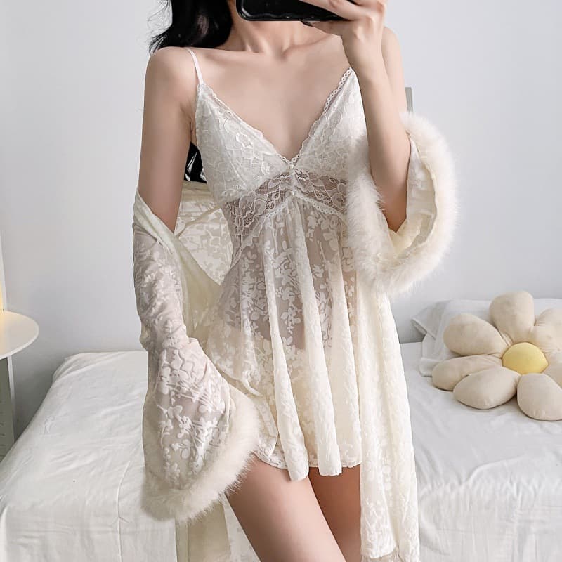 Women's Sexy Camisole Nightgown with Padded Bra, Premium White Furry Sleepwear Robe Loungewear