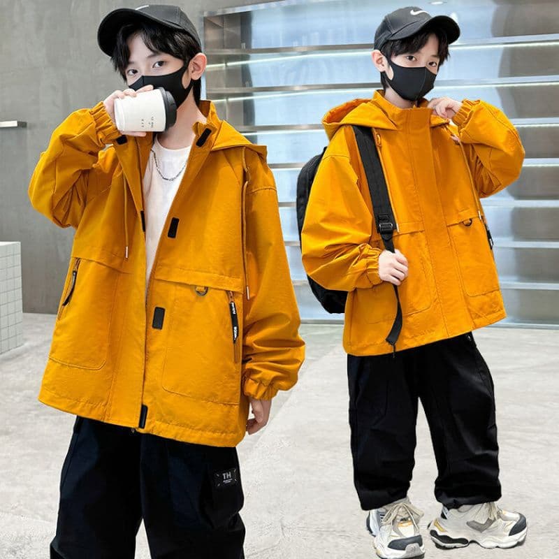 Waterproof Fabric Boys Student Jacket Yellow Windbreaker 2025 New Middle and Large Children Sportswear