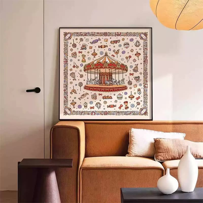 Whimsical Carousel Cream Style Bedroom Decorative Painting, Children's Room Hanging Painting, Log Style Living Room Niche Art Mural