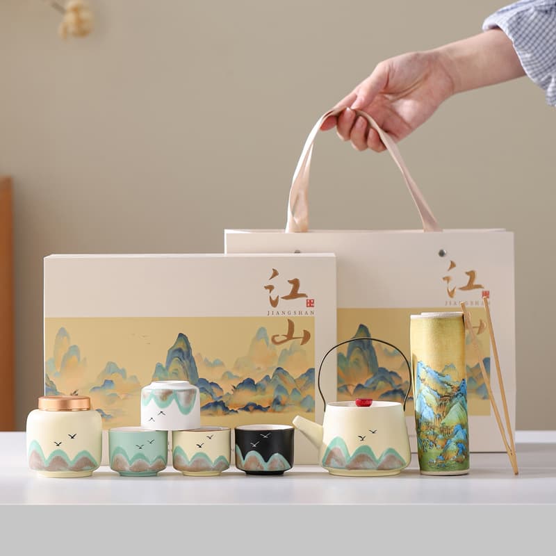 Thousand Miles of Rivers and Mountains Hand-Painted Gongfu Tea Set, Cultural Creative Teapot with Carry Handle for Business Gifting