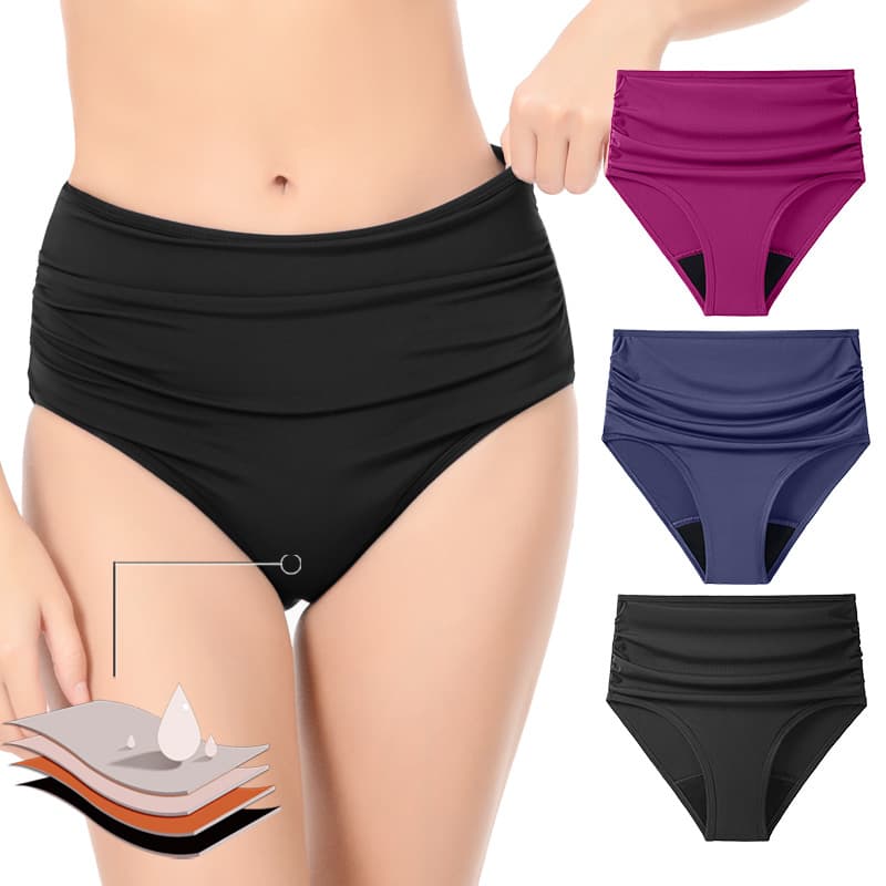 Women's High-Waist Bikini Period Swim Bottom, Four-Layer Leak-Proof Menstrual Swimwear for Sports and Swimming
