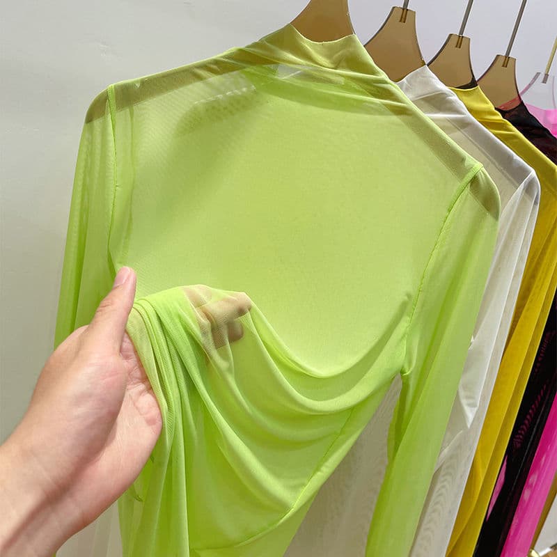Sheer Transparent Mesh Base Layer Top Women's Summer Long Sleeve T-Shirt Inner Wear Half High Neck Sun Protection Top Wholesale Factory