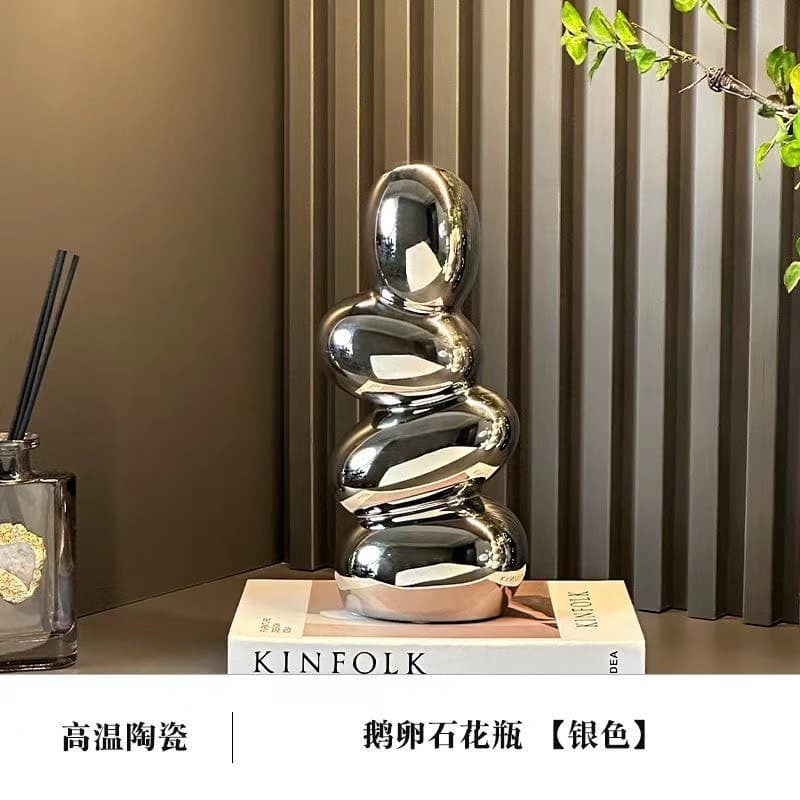 High-end Ins-style Pebble Ceramic Creative Flower Vase for Living Room Light Luxury Desktop Vintage Artificial Flowers