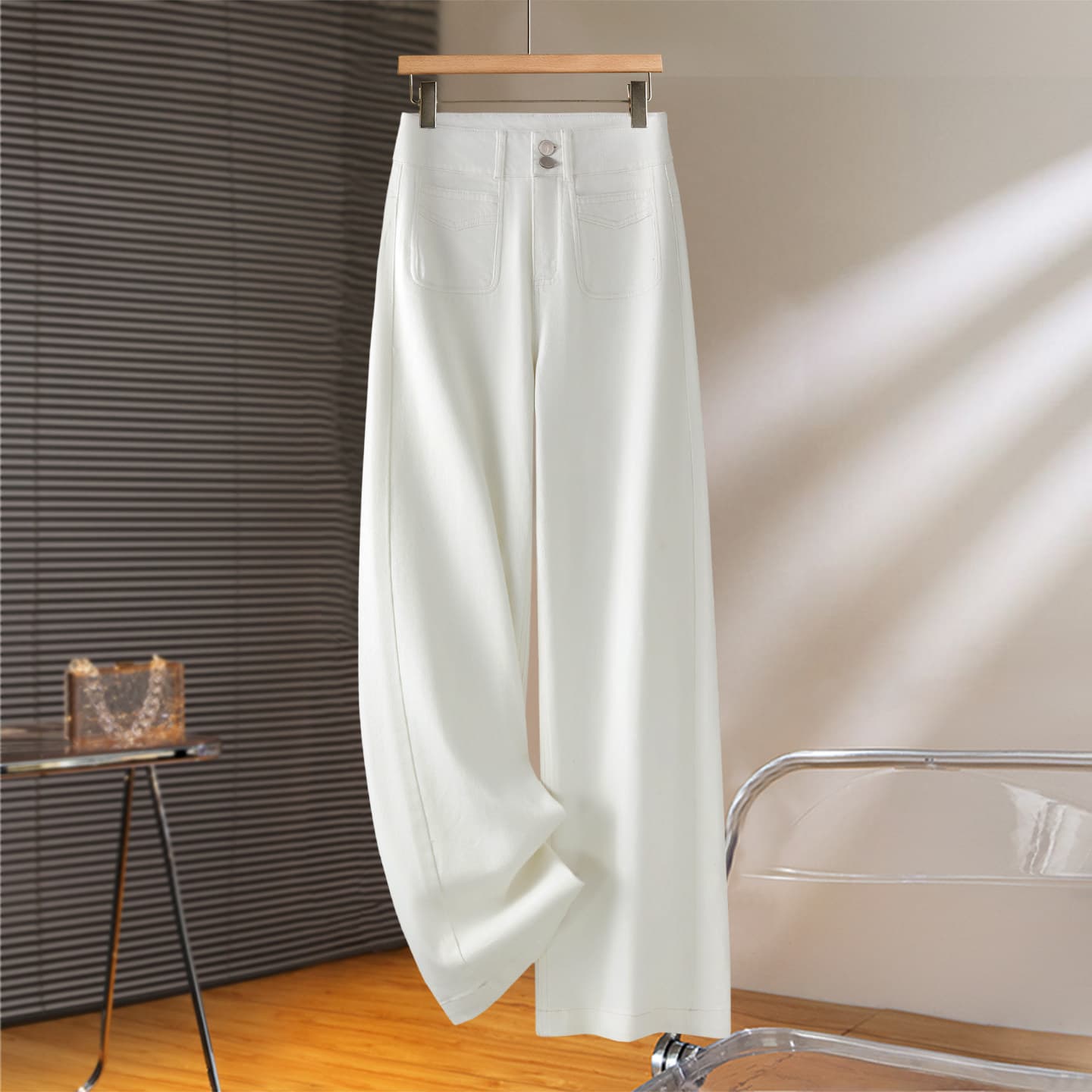 High-Waist Off-White Denim Wide-Leg Pants for Women Spring Summer 2026 New Trendy Flowy Slimming Narrow Straight Trousers