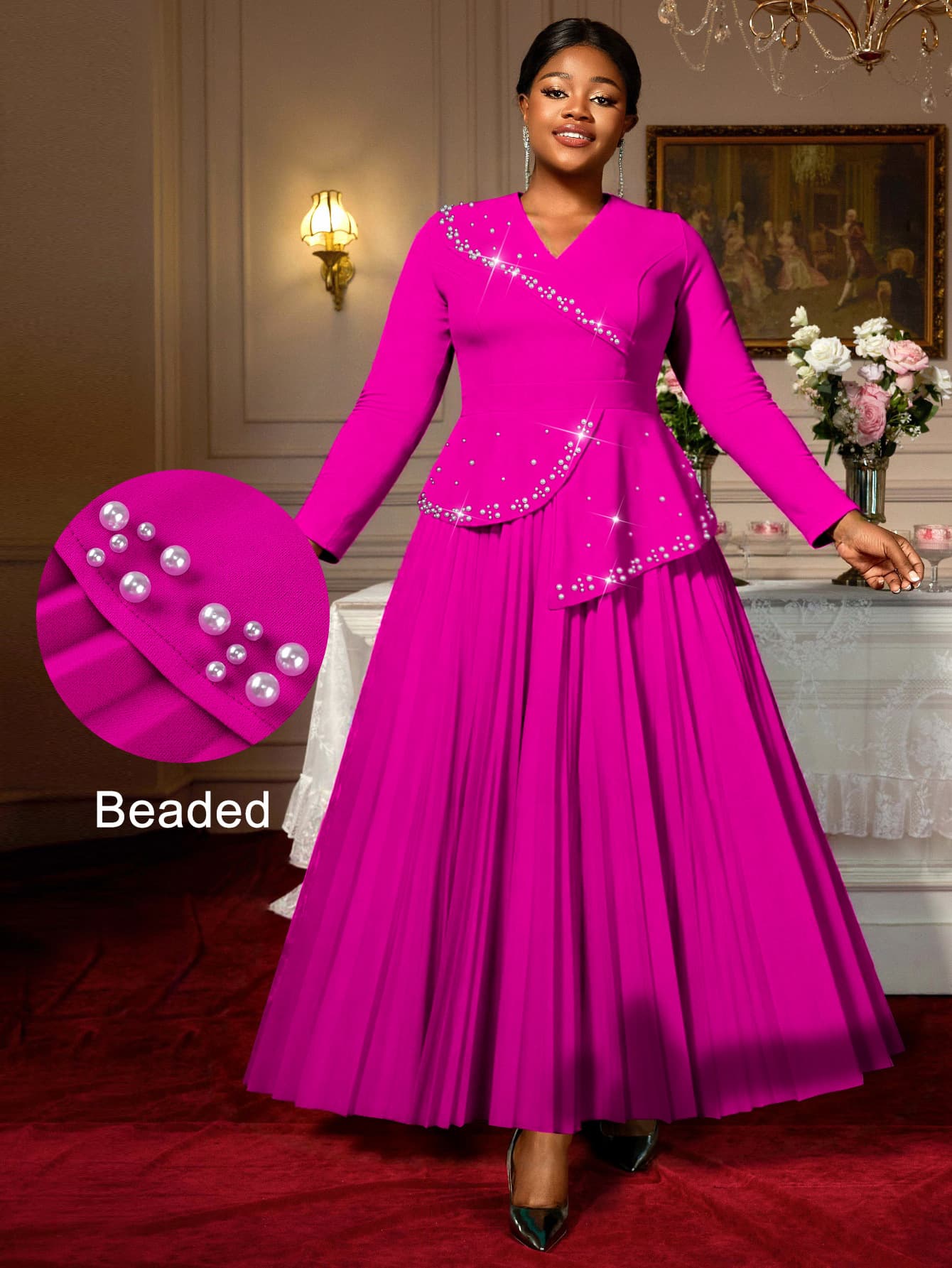 European and American Plus Size Women's Turn-down Collar Rose Red Beaded Pleated Dress Ruffle A-line Slimming Dress Dresses