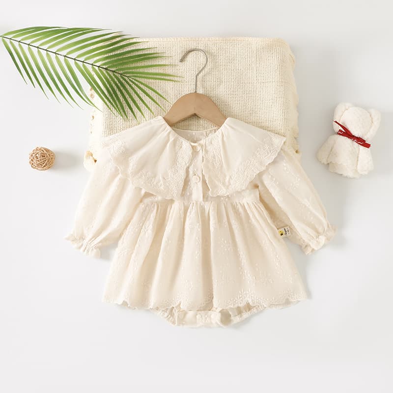 Spring and Autumn style baby Korean version of baby girl's long-sleeved embroidered one-piece harem dress with large lapel and baggy crawling suit