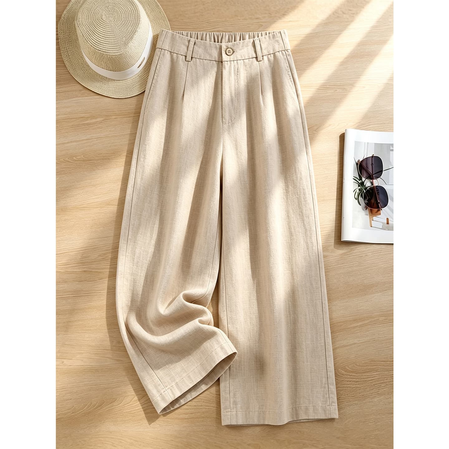 Khaki cotton and linen wide-leg pants for women summer thin 2026 popular ice silk linen small straight pants nine-point pants