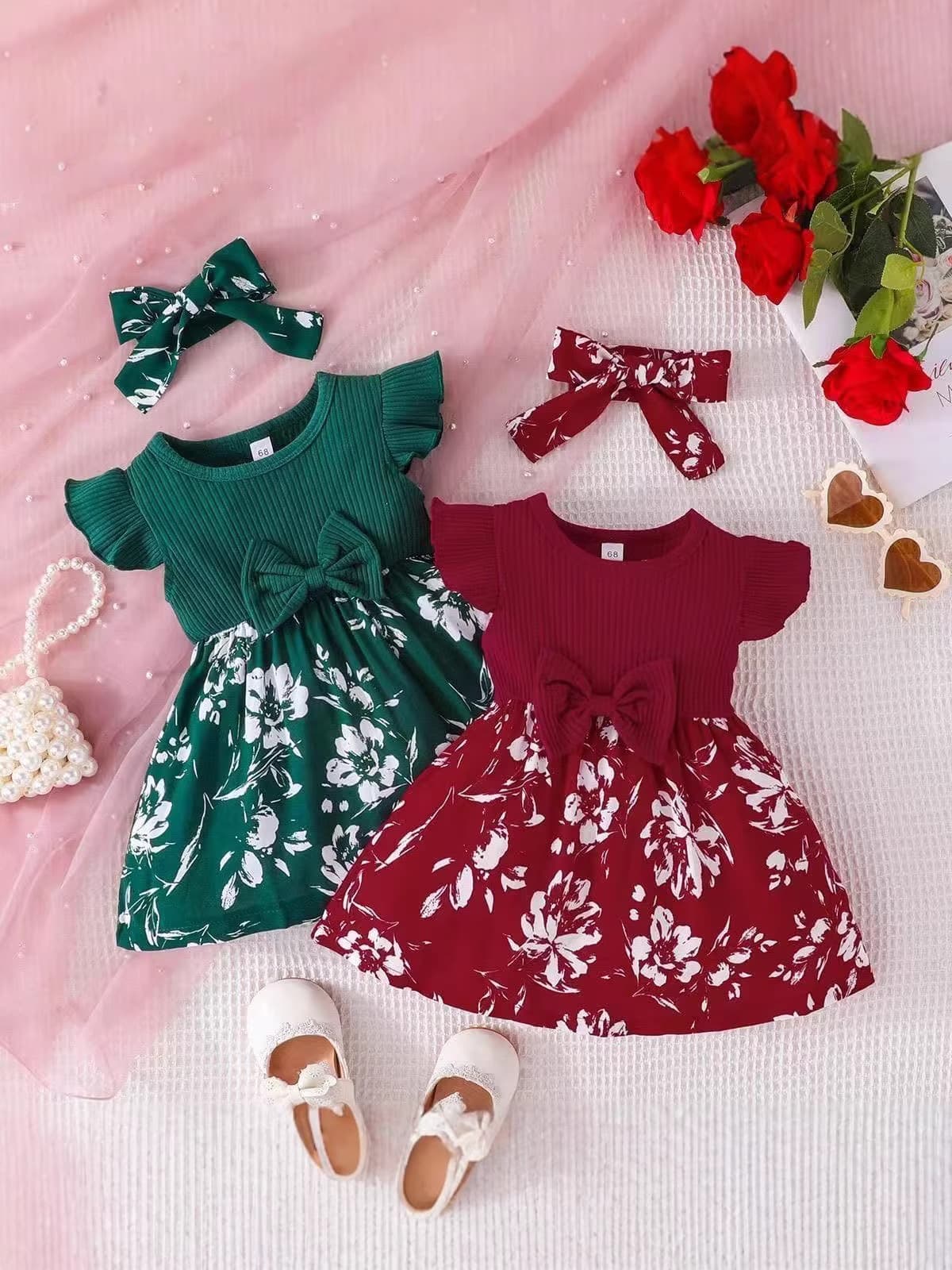 European and American Little Girl Sweet Bow Butterfly Sleeve Dress Kids Ins Style Summer Baby 0-2 Years Princess Dress