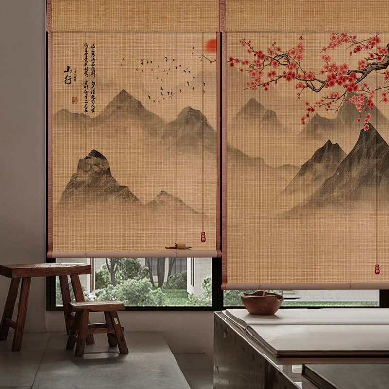 Fully Blackout Edged Bamboo Roller Blinds - Printed Landscape Curtains for Study/Bedroom/Balcony/Office, New Chinese Style