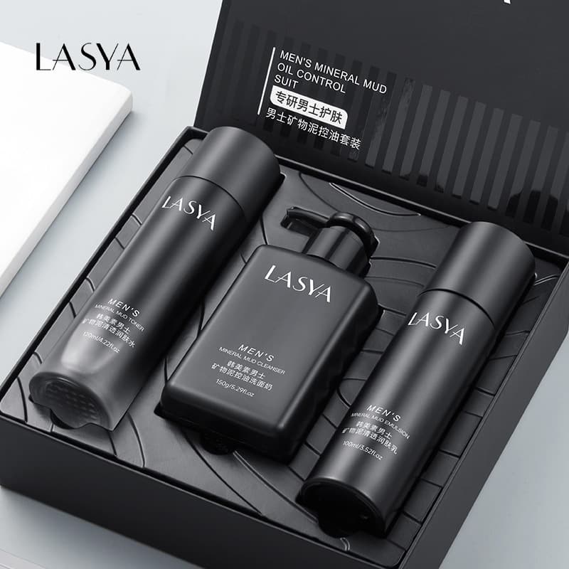 LASYA Men's Mineral Mud Oil Control Set (Set of 3) Hydrating Oil Control Facial Cleanser Lotion Men's Skin Care Products