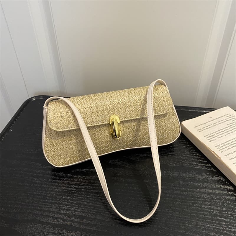 New Crossbody Baguette Bag for Women, Woven Texture, Versatile Underarm Shoulder Bag, High-End Lock Clasp Retro Handbag
