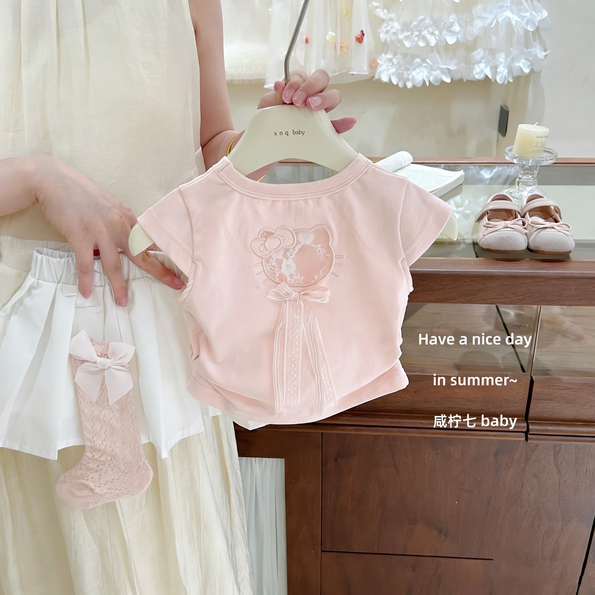 [Xian Ning Qi] Little sweet girl! Baby girl summer pink cute kt cat short-sleeved T-shirt pleated skirt suit