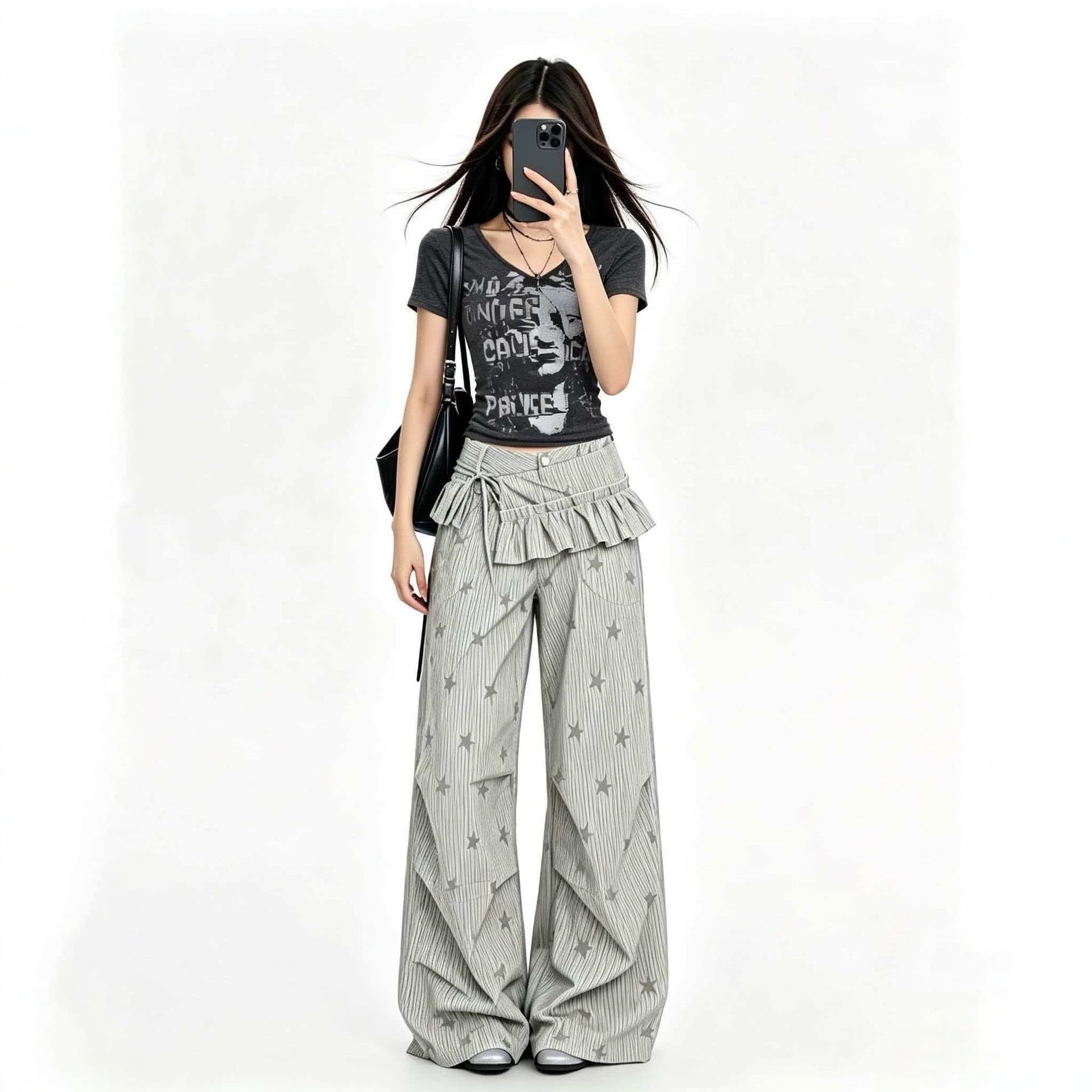 Nanyouju good-looking gray V-neck short-sleeved wide-leg pants suit for women summer new casual age-reducing western style two-piece set