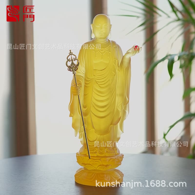Jiuhua Mountain Ksitigarbha Bodhisattva glazed Buddha statue craftsmen glazed standing posture Ksitigarbha Bodhisattva ornaments worship standing statue