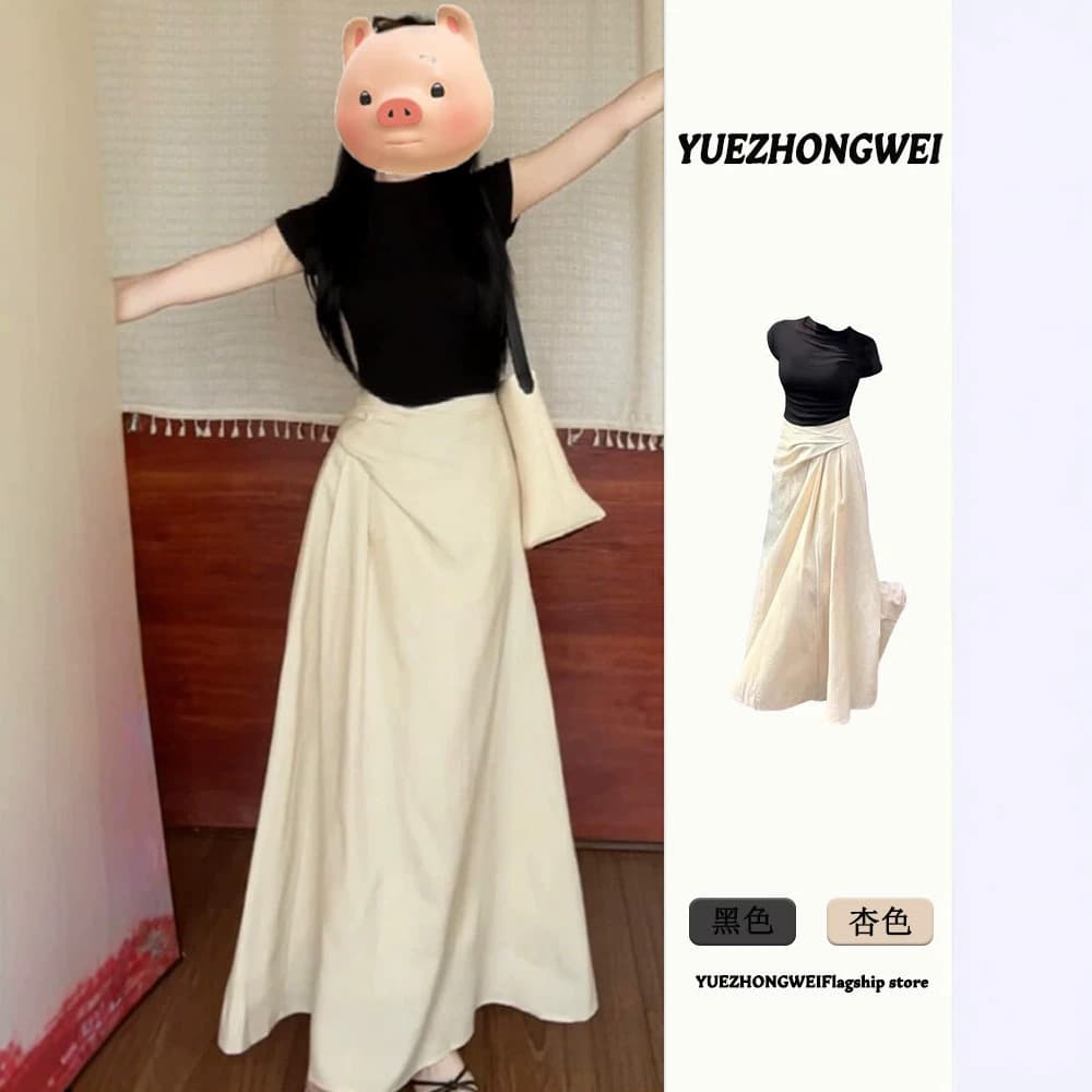 Beige Irregular Skirt for Women Summer Thin Large Size High Waist Slimming A-Line Midi Skirt for Pear Body Shape
